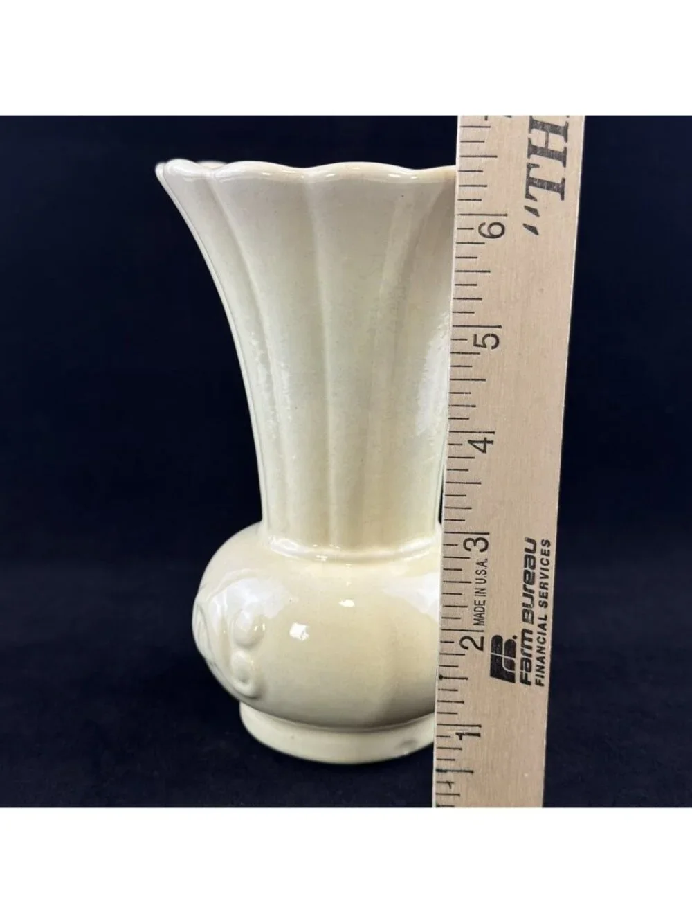 Vintage Cream Ceramic Vase Scalloped Rim Embossed Scroll 6.5” Tall Pottery